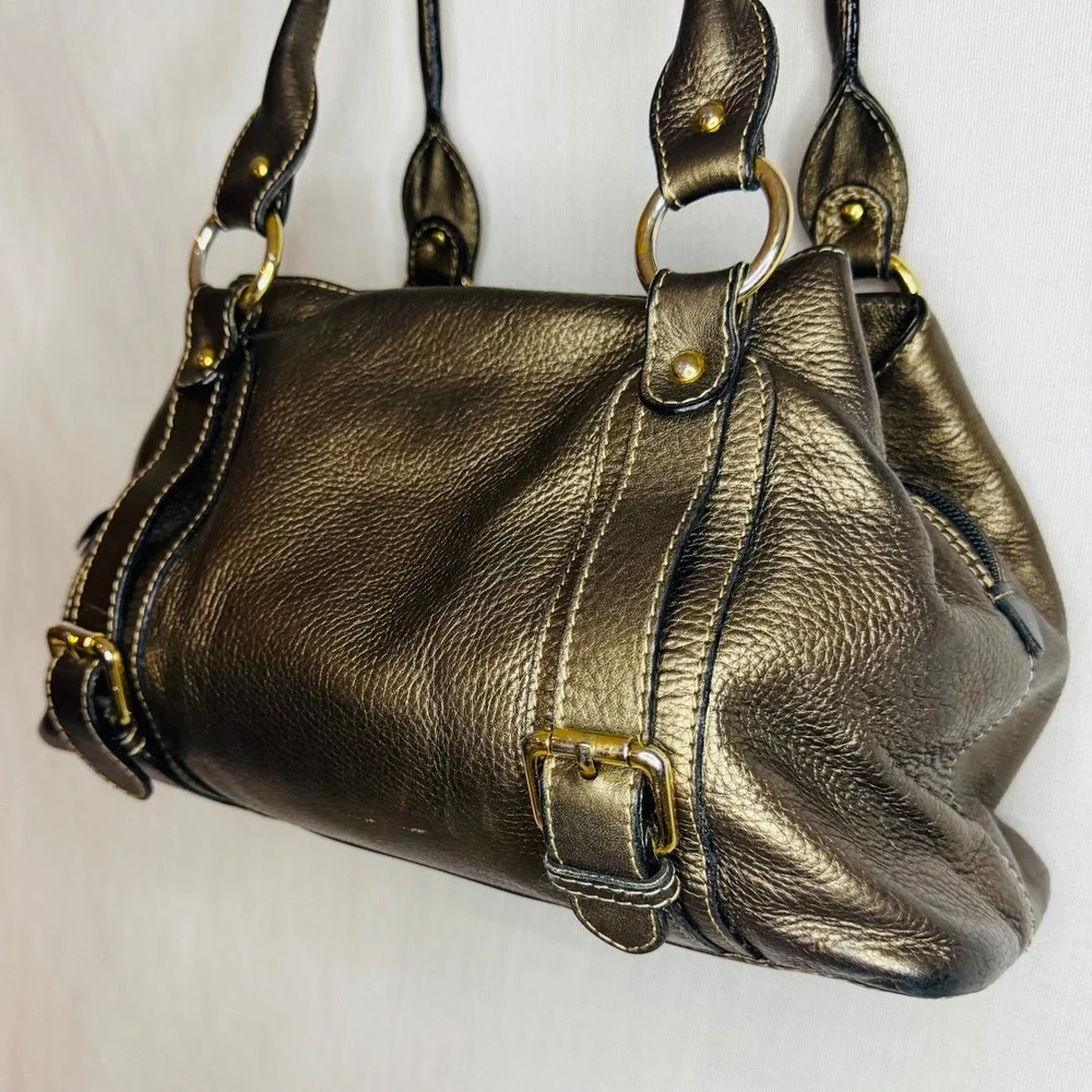 Metallic Bronze Pebbled Leather Shoulder Bag Satchel Gold Hardware Triple Pocket